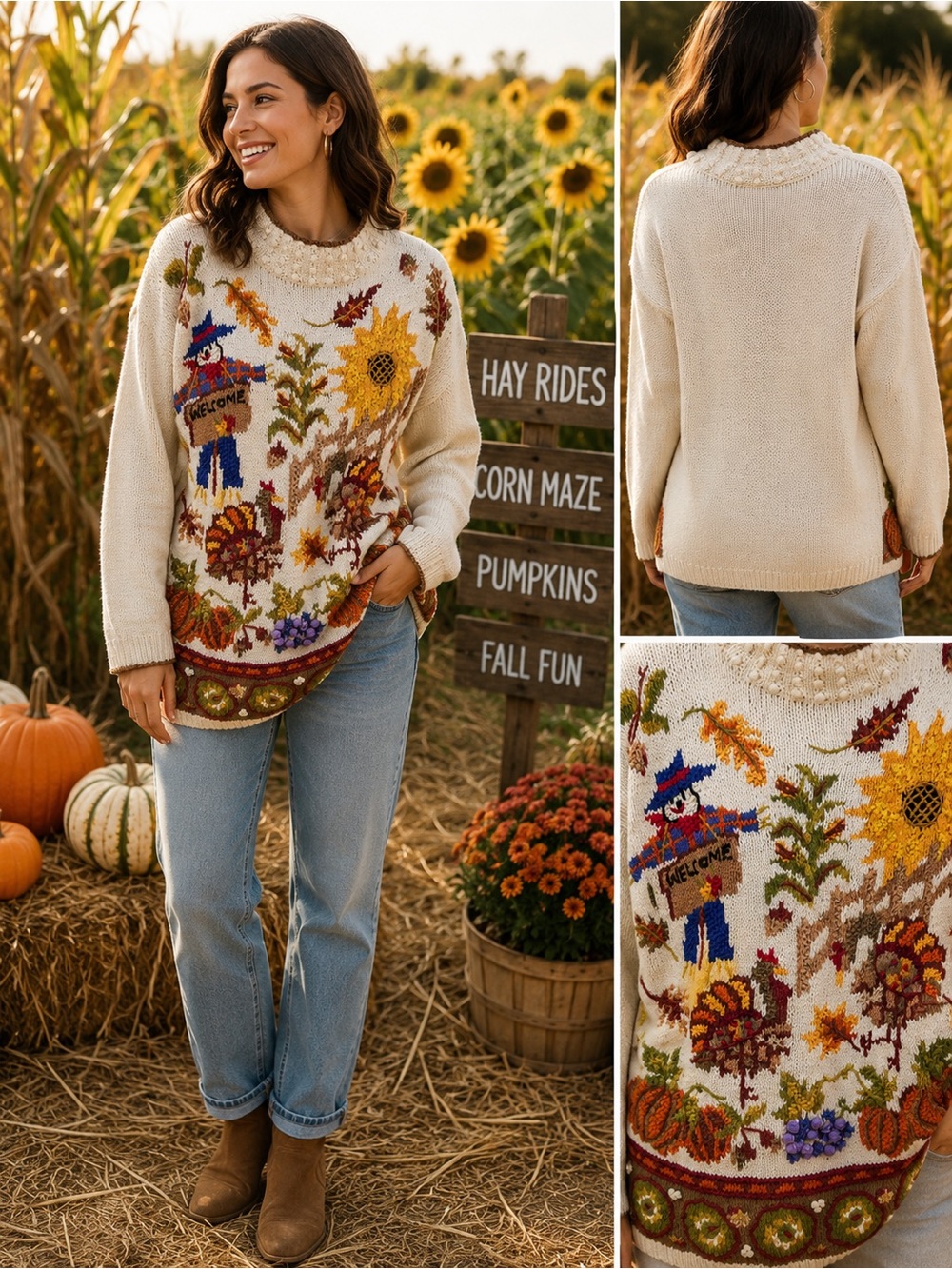 Vintage Beldoch Popper Autumn Harvest Sweater Scarecrow Pumpkin Sunflower Knit
